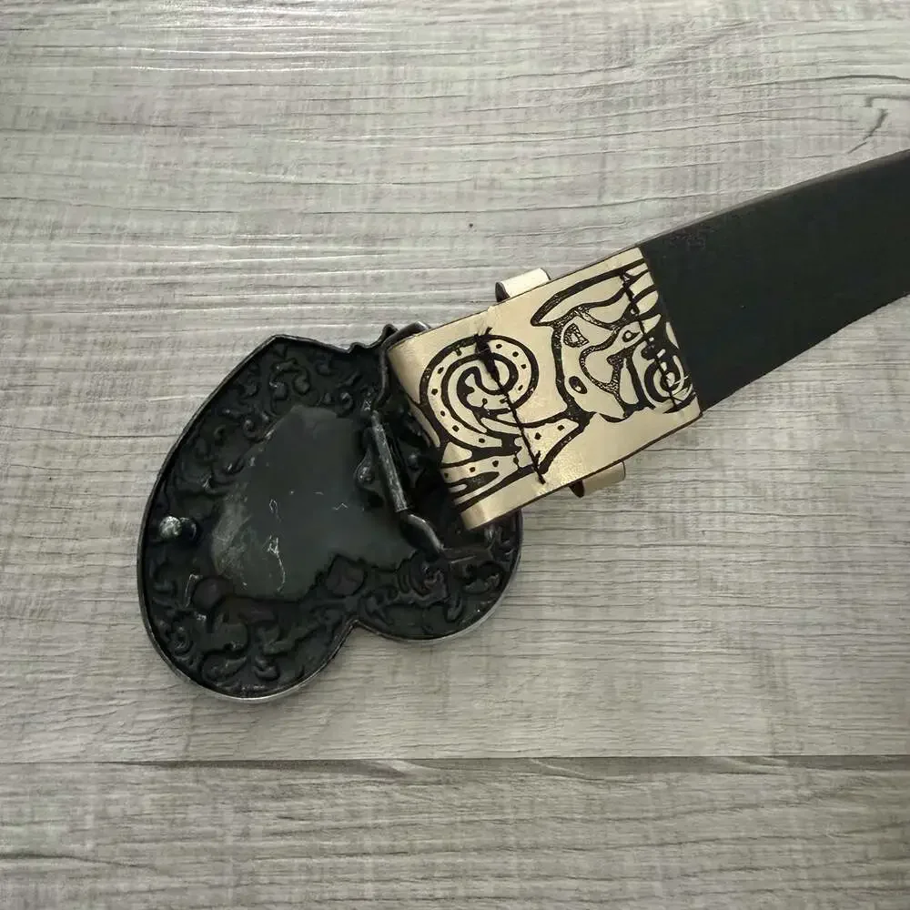 Gothic Style Faux Leather Belt with Red Heart Rose Embossed Buckle